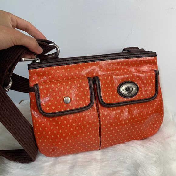 Fossil Waxed Canvas And Leather Orange Key-per Crossbody - Picture 5 of 13